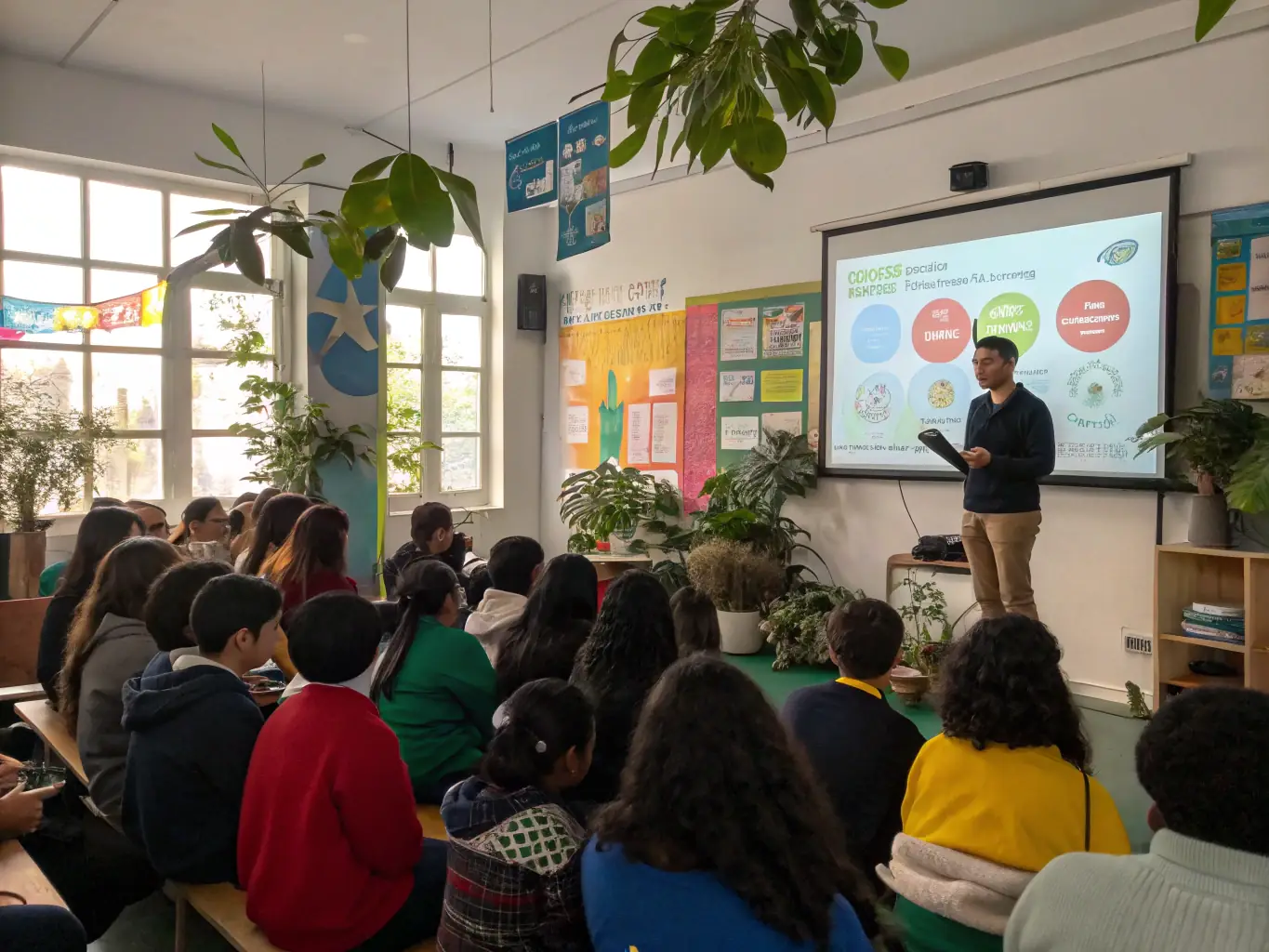 A photograph showcasing a group of students participating in an educational workshop on environmental conservation, highlighting MEDIACTIONS' dedication to education.