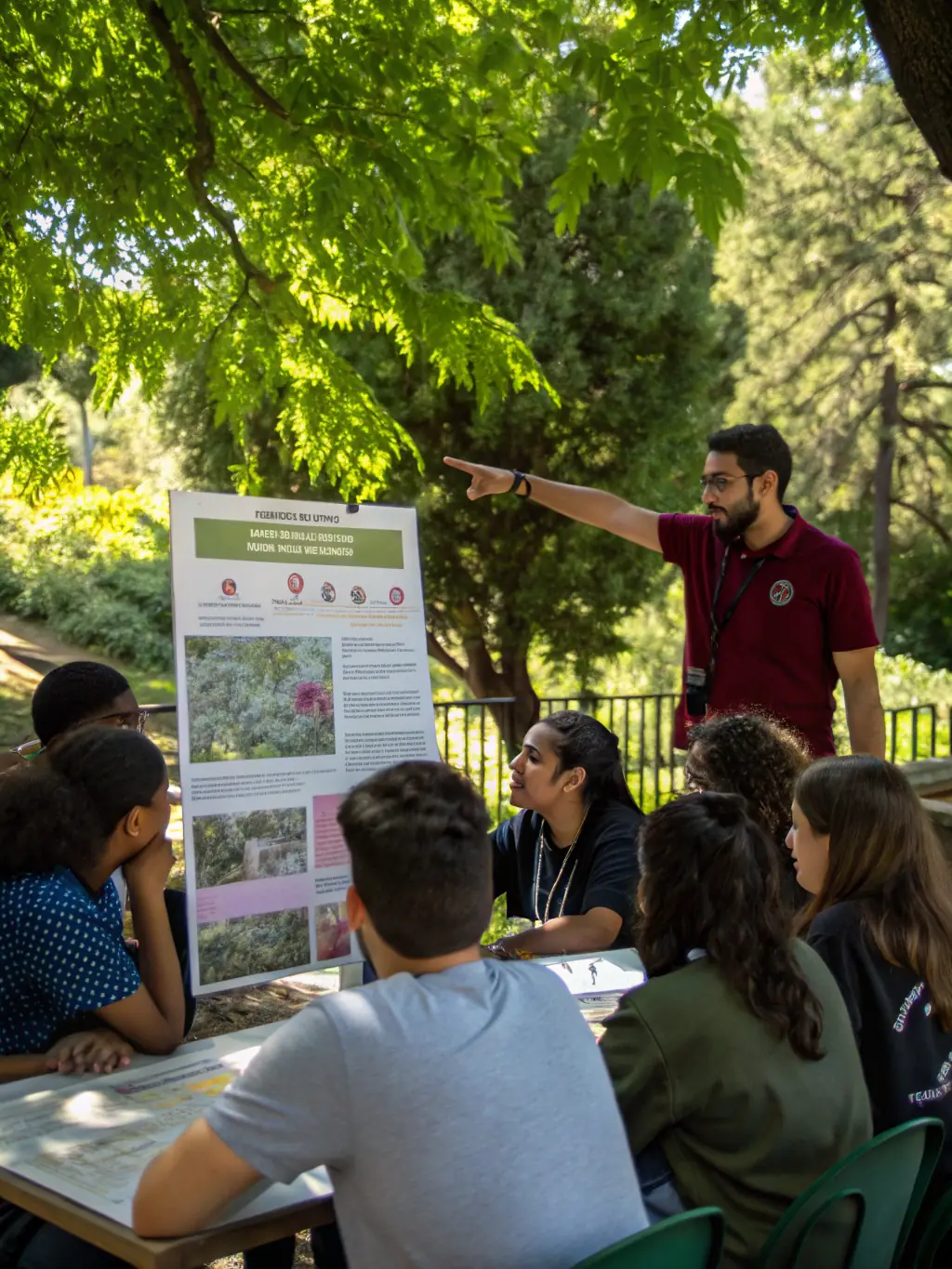 Children participating in an educational workshop about local ecosystems, learning about the importance of biodiversity, with a MEDIACTIONS banner displayed.