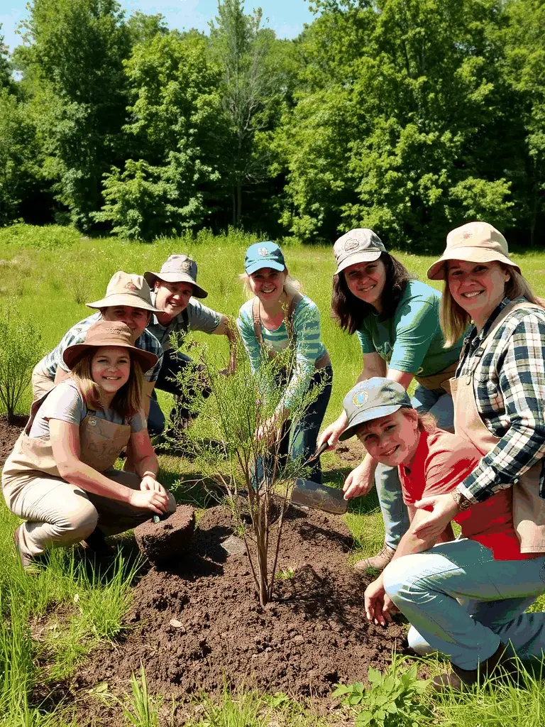 A diverse group of people planting trees in a deforested area, symbolizing reforestation efforts, with MEDIACTIONS staff members assisting.