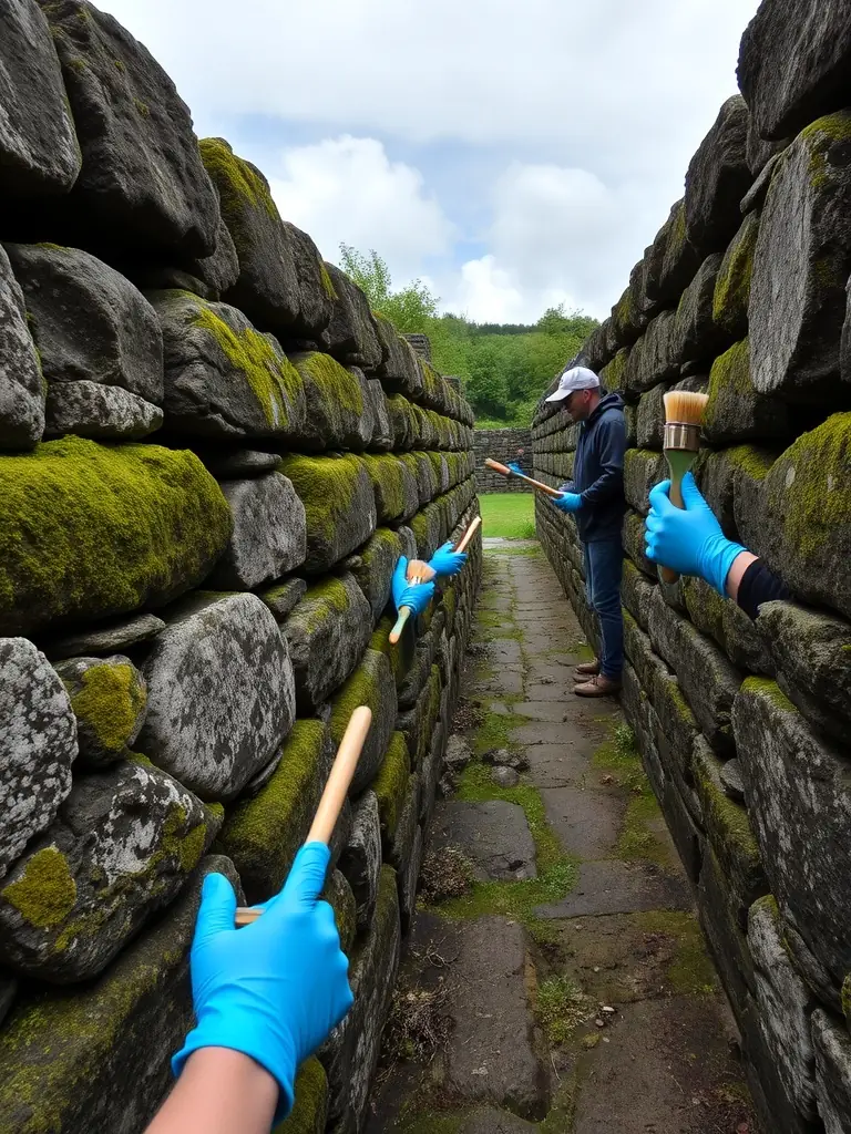 A group of volunteers cleaning up a historical site, focusing on removing graffiti and debris, with MEDIACTIONS logo subtly visible in the background.
