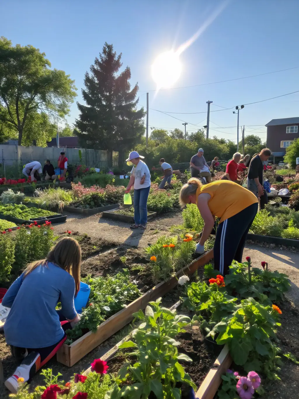 A photo of a community garden, showcasing sustainable agriculture practices, with MEDIACTIONS signage promoting local food production.